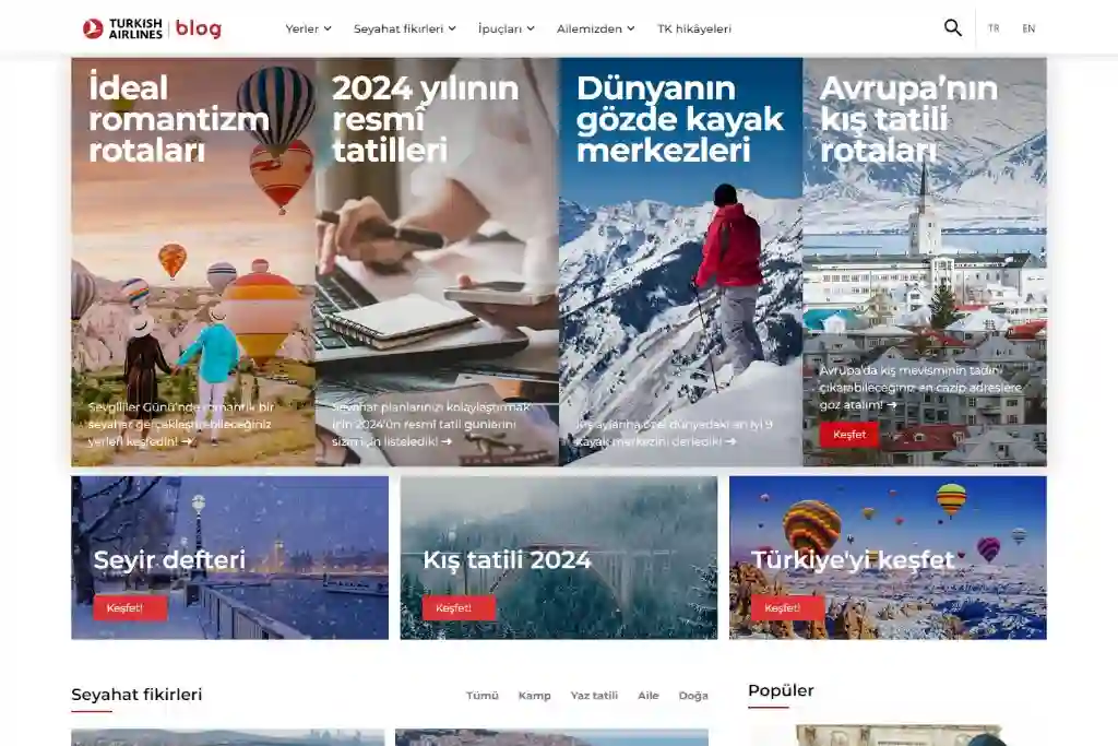 Turkish Airlines Blog WordPress Blog Örnekleri arasında sadeliği, tasarımı ve kalitesi ile öne çıkıyor.